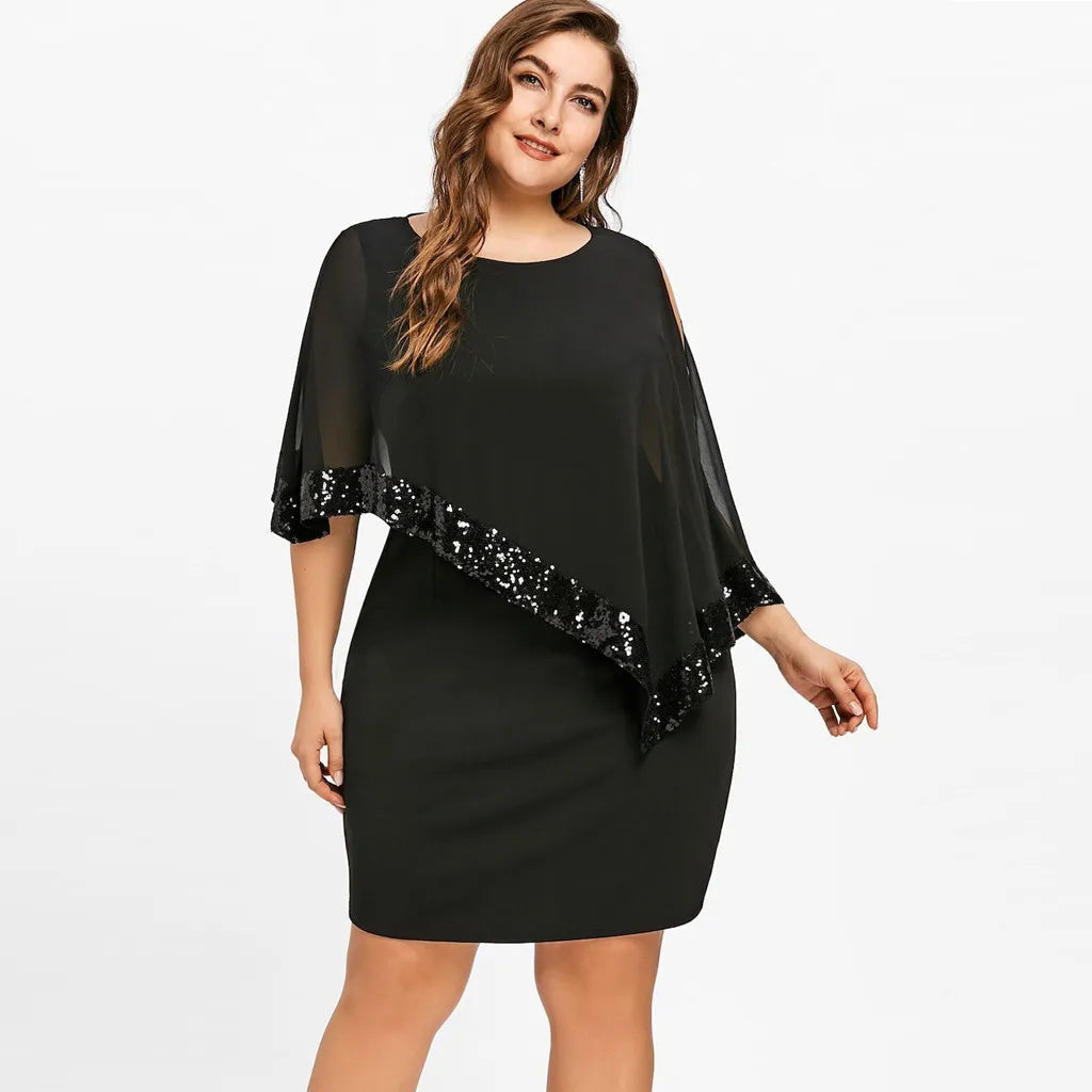 Eye-catching plus size sequin off-shoulder party dress with an asymmetric hem.