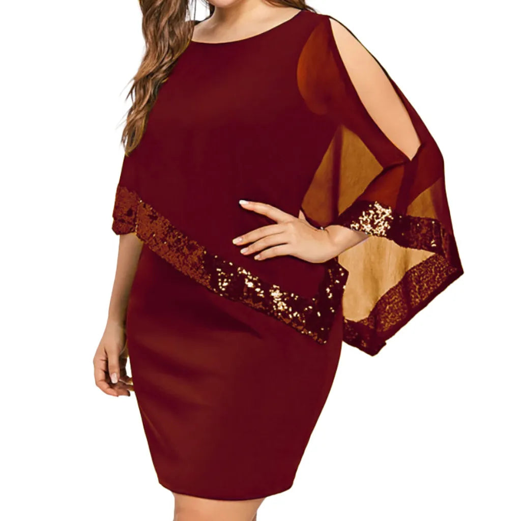 Sparkling plus size sequin evening gown, off-shoulder, with a sophisticated asymmetric hem.
