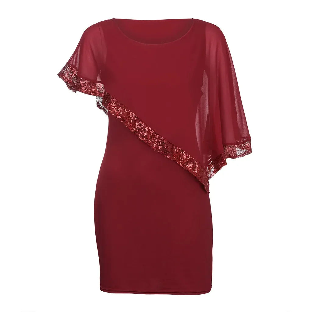 Luxurious plus size sequin party dress with a chic off-shoulder neckline and asymmetric hem.