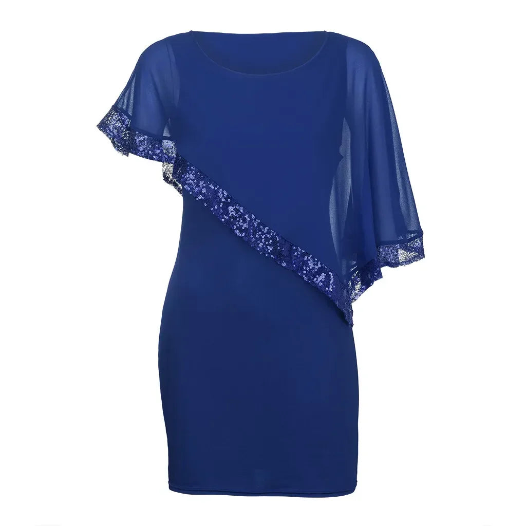 Fashionable plus size sequin evening dress, off-shoulder, highlighting curves beautifully.