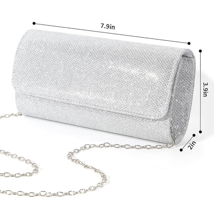 Chic black sparkle evening clutch handbag for women. Fashionable accessory for elegant party attire.