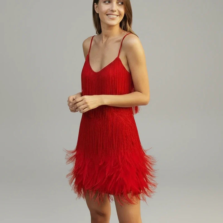 Textured fringe bodycon mini dress for women, a captivating and glamorous outfit for evening events.