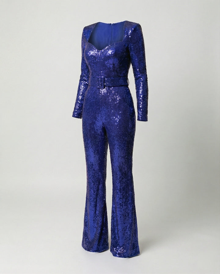 Festive long-sleeve sequin jumpsuit for women, a comfortable yet glamorous party wear evening outfit.