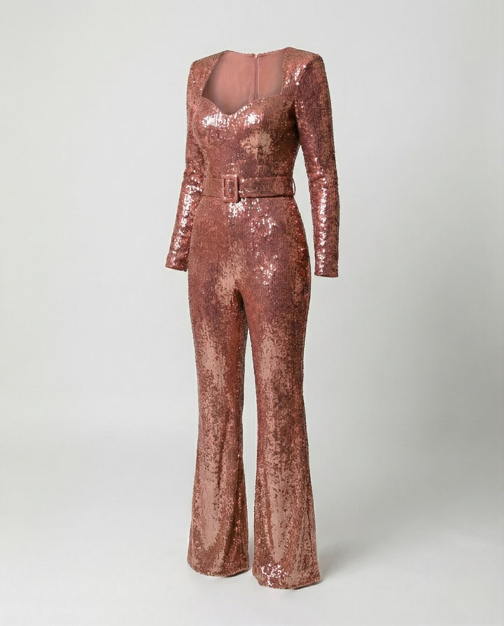 Sophisticated women's sequin jumpsuit with long sleeves, offering dazzling sparkle for formal occasions.