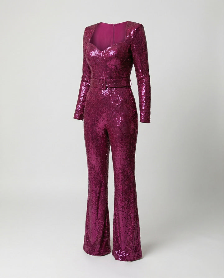 One-piece glamorous women's sequin jumpsuit with long sleeves, perfect elegant party & formal wear.
