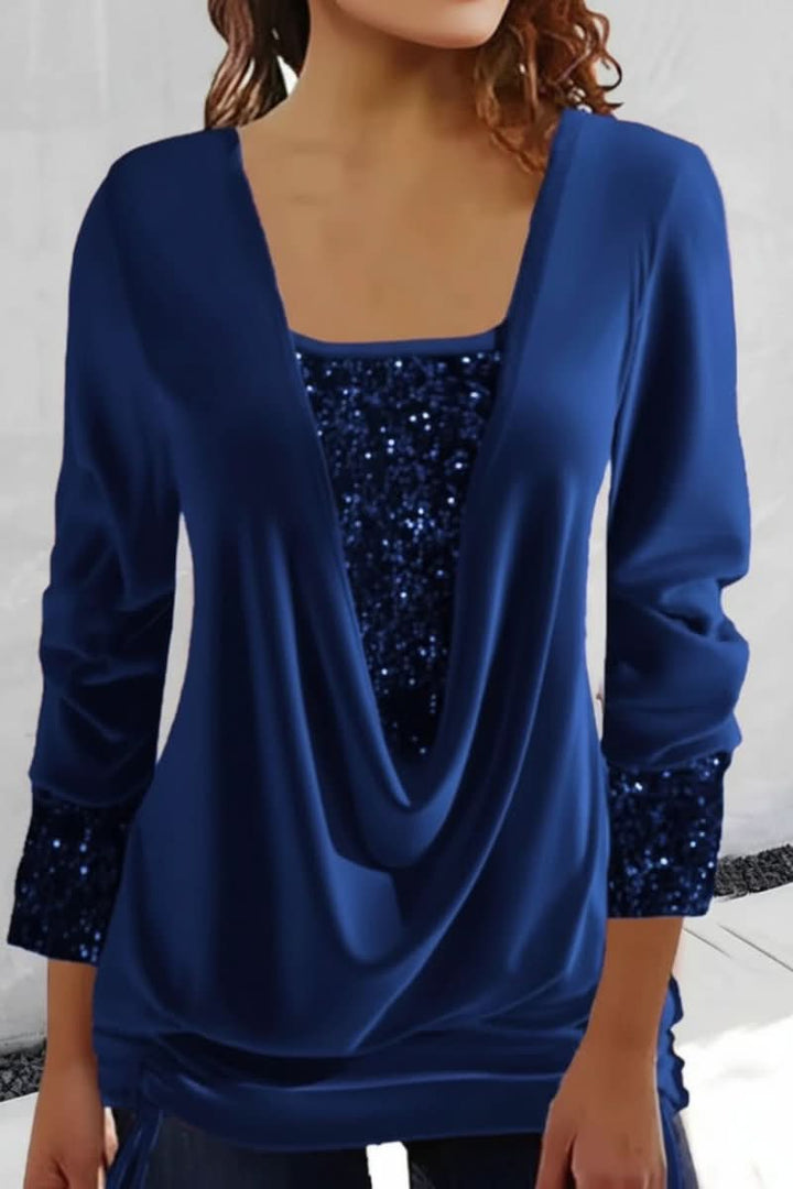 Dazzling pink sequin long sleeve top for women. Plunging neck party wear, perfect for a glamorous night out.