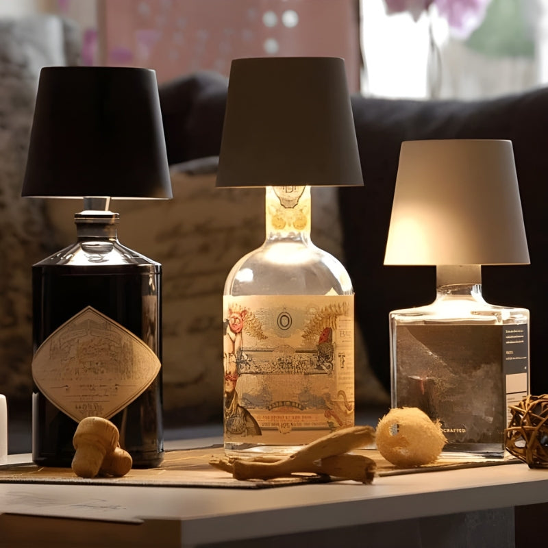 Trendy GlowBottle lamp upcycles bottles, transforming them into unique ambient home decor lights.