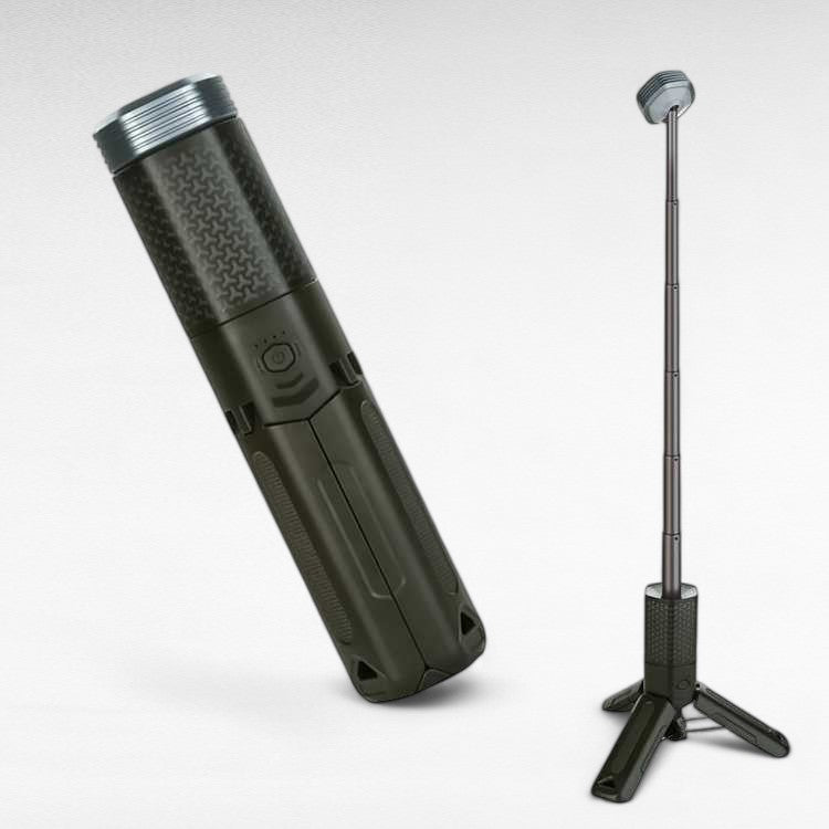 Portable GlowMax camping lantern on an extendable tripod, illuminating a campsite at dusk.