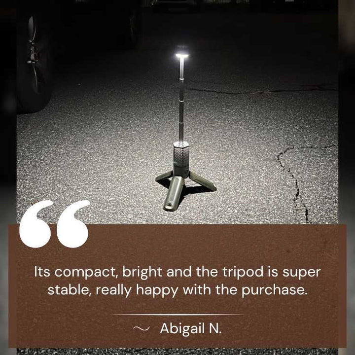Durable GlowMax rechargeable lantern with extendable tripod, perfect for diverse outdoor lighting needs.