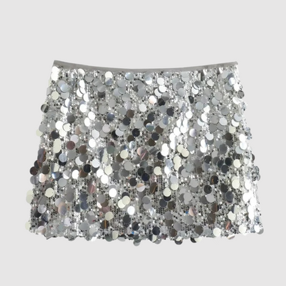 "Gonna mini donna elegante con paillettes scintillanti, lunghezza mini, design glamour, cintura in vita, occasione speciale."
