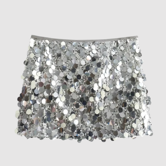 "Gonna mini donna elegante con paillettes scintillanti, lunghezza mini, design glamour, cintura in vita, occasione speciale."