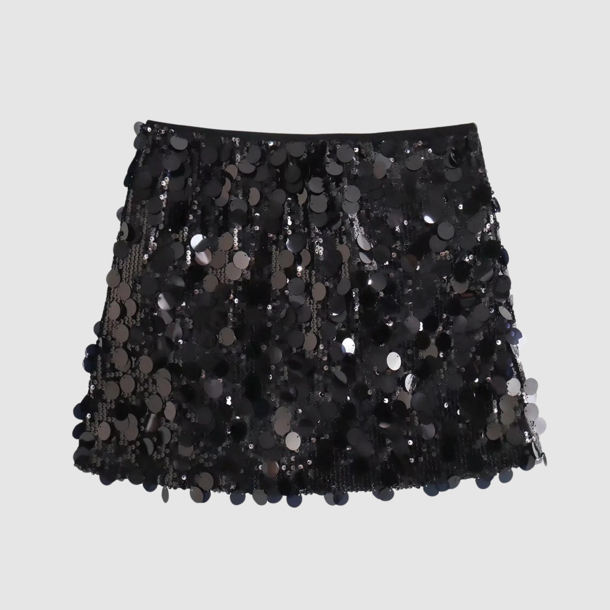 "Gonna mini donna elegante con paillettes scintillanti, lunghezza mini, design glamour, cintura in vita, occasione speciale."