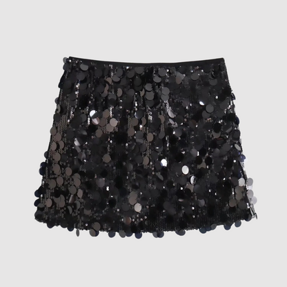 "Gonna mini donna elegante con paillettes scintillanti, lunghezza mini, design glamour, cintura in vita, occasione speciale."