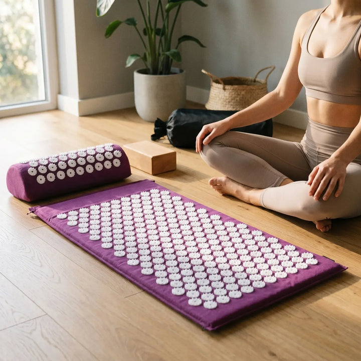 Gray and purple unisex acupressure mat & pillow set for full-body pain relief & muscle relaxation.