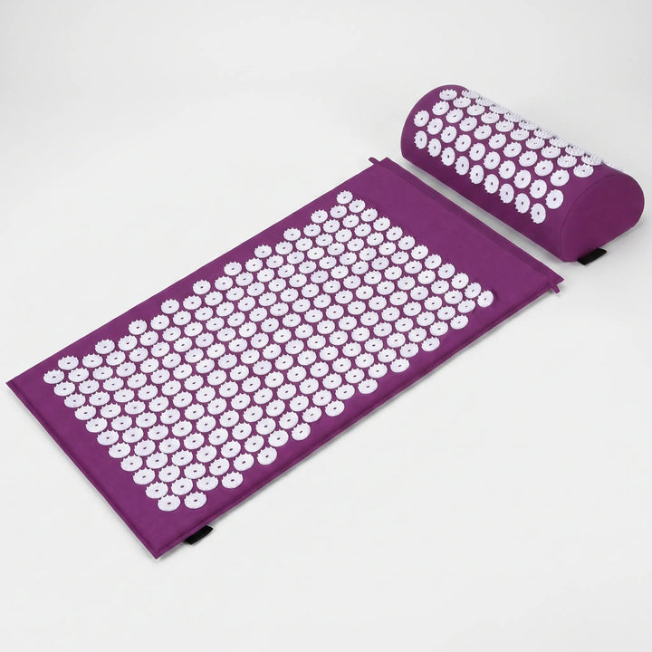 Acupressure mat and pillow set for back, neck, and muscle pain relief, promoting stress reduction & wellness.
