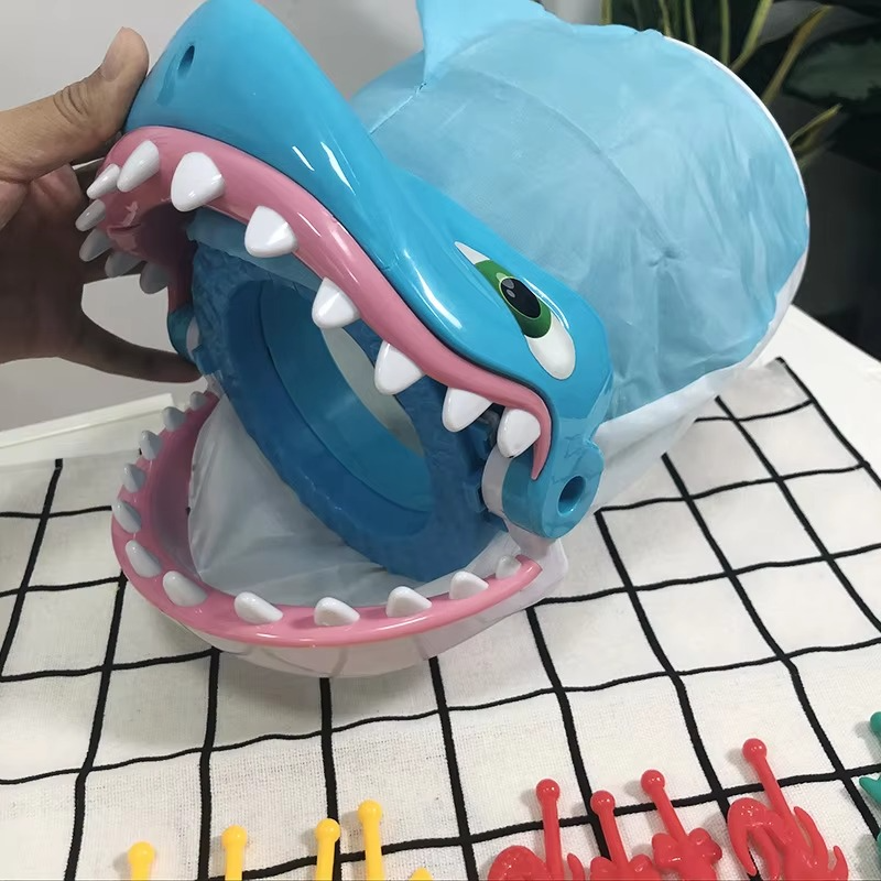 Close-up of the Great White Shark Prank Game, ready to bite! A fun, interactive, durable family & kids party game.