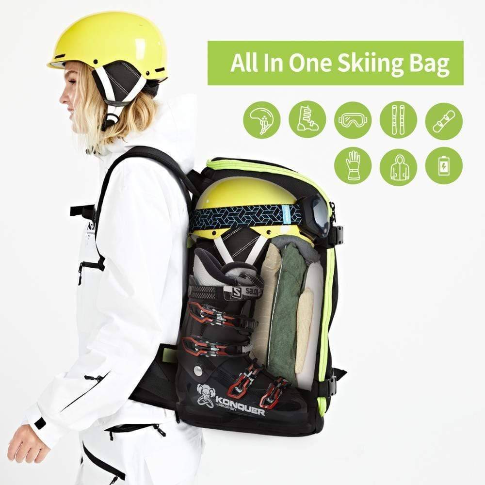 Green 50L ski snowboard travel backpack with fluorescent yellow accents for winter sports & outdoor gear