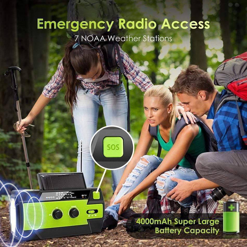 Green emergency weather alert radio with power bank and LED flashlight, essential survival gear.