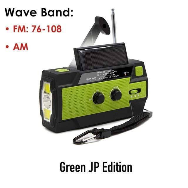 Compact green weather alert radio, perfect for hiking with integrated power bank and flashlight.