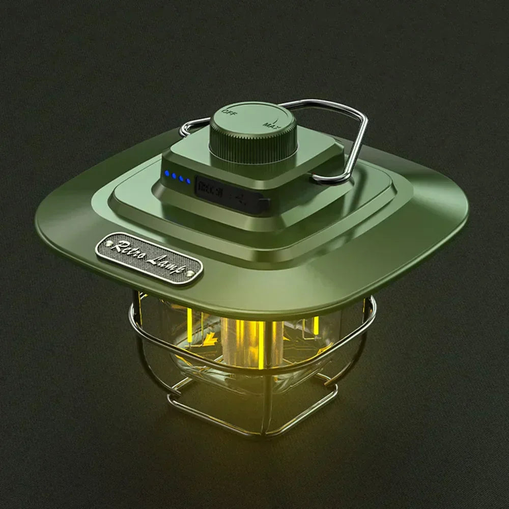 Green retro rechargeable LED camping lantern, portable outdoor lighting for vintage camp ambiance.