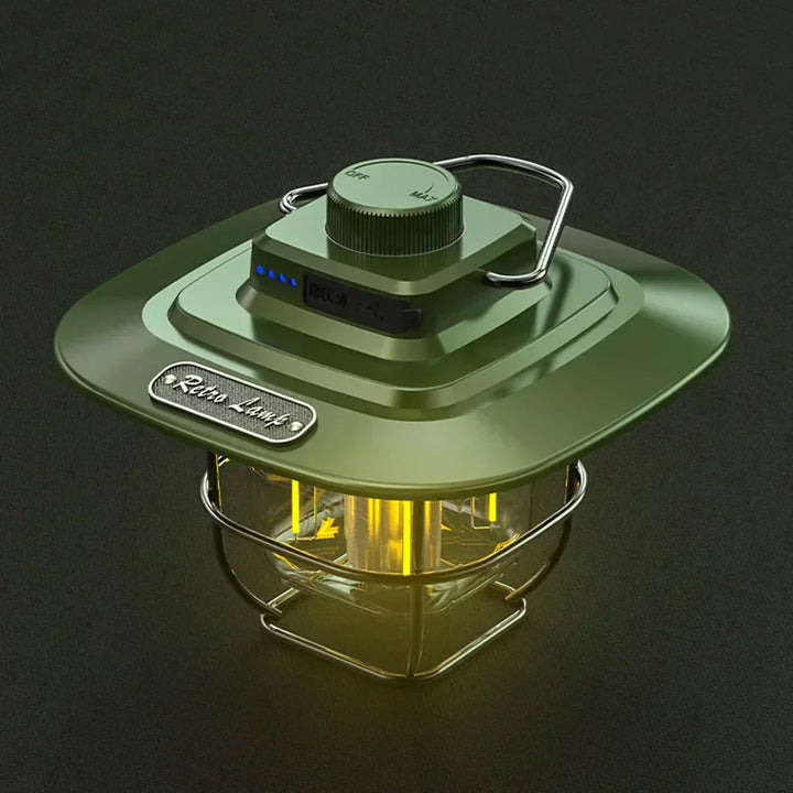 Green retro rechargeable LED camping lantern, portable outdoor lighting for vintage camp ambiance.