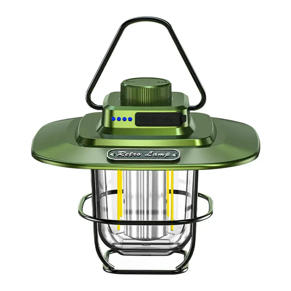 Durable vintage camp LED lantern, rechargeable & portable, ideal ambiance light for outdoor adventures.
