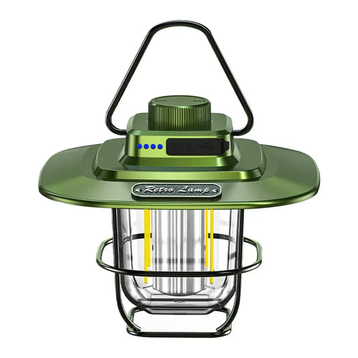 Durable vintage camp LED lantern, rechargeable & portable, ideal ambiance light for outdoor adventures.