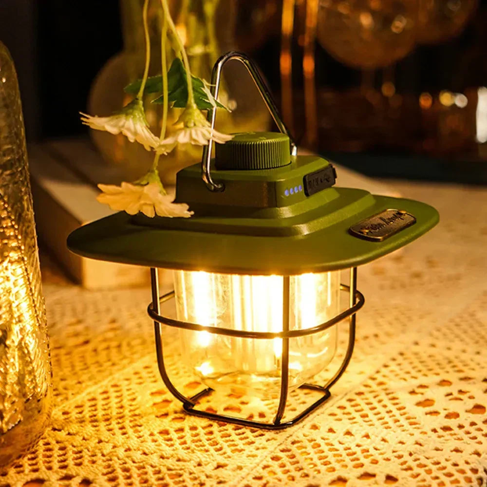 White retro LED portable lamp, rechargeable camping lantern, perfect for outdoor ambiance & lighting.