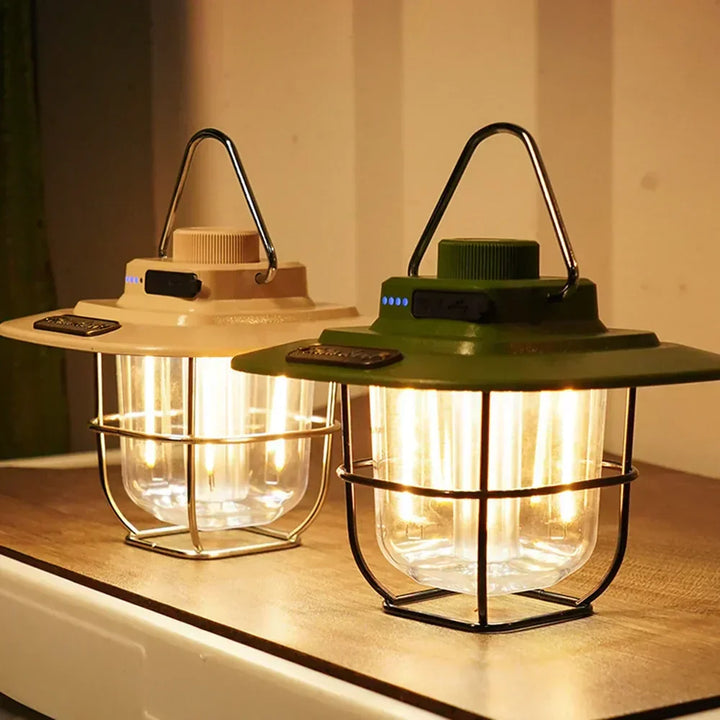 Khaki vintage rechargeable LED camping lantern, durable outdoor lighting, perfect for any camp setup.