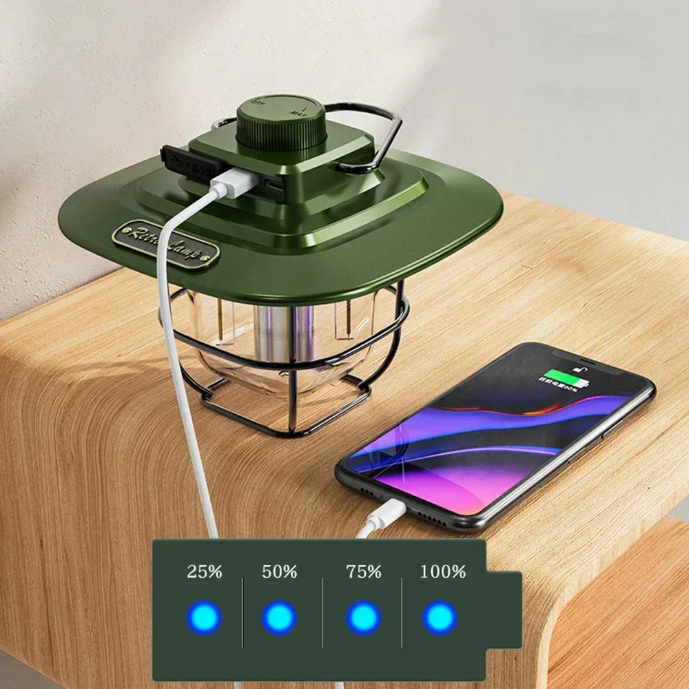 Olive green retro LED lantern, portable & rechargeable, provides perfect ambiance for camping trips.