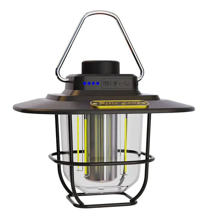 Durable retro LED camping lantern, rechargeable, provides versatile outdoor lighting with vintage style.