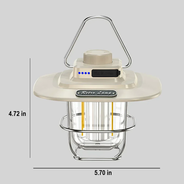 Green retro LED camping light, rechargeable & durable, essential outdoor lighting for adventurers.