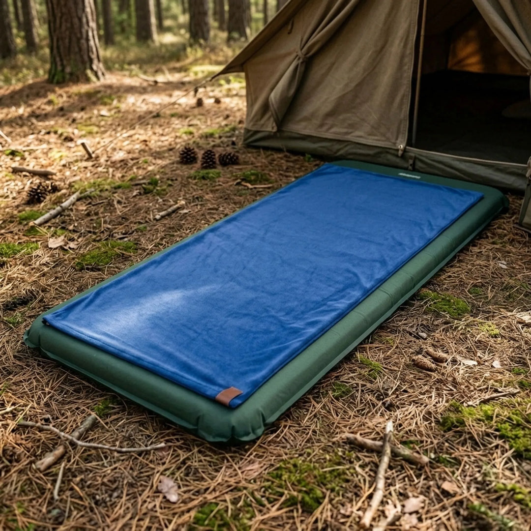 Green unisex lightweight travel sleeping bag liner, essential camping gear for outdoor adventures.