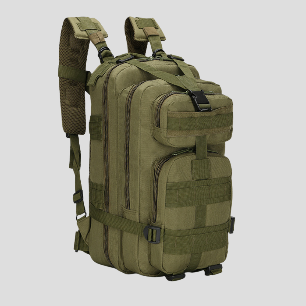 Green unisex tactical backpack with MOLLE webbing, ideal for hiking, camping, and outdoor adventures.