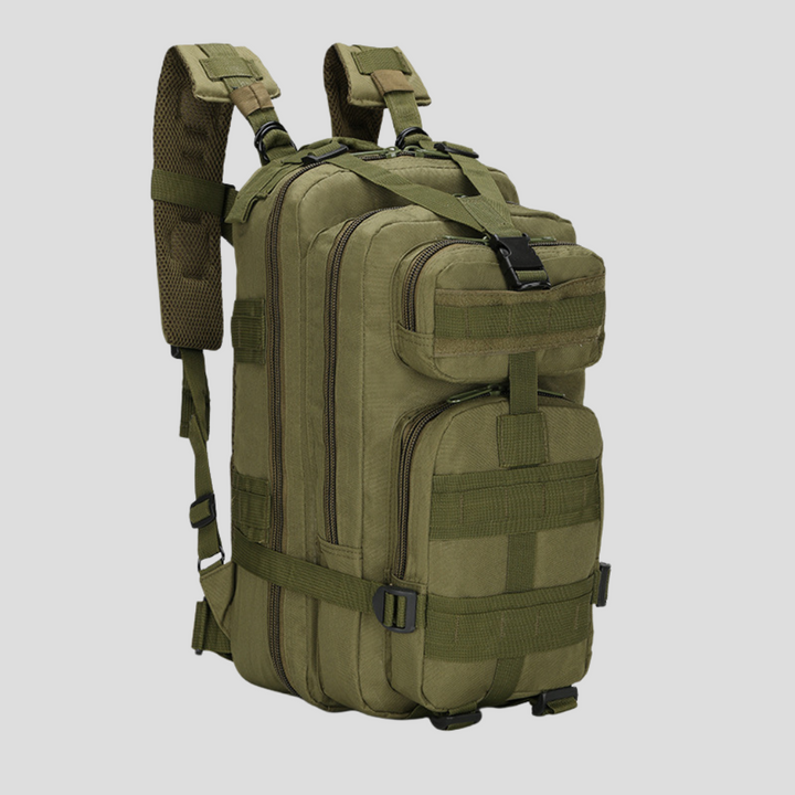 Green unisex tactical backpack with MOLLE webbing, ideal for hiking, camping, and outdoor adventures.