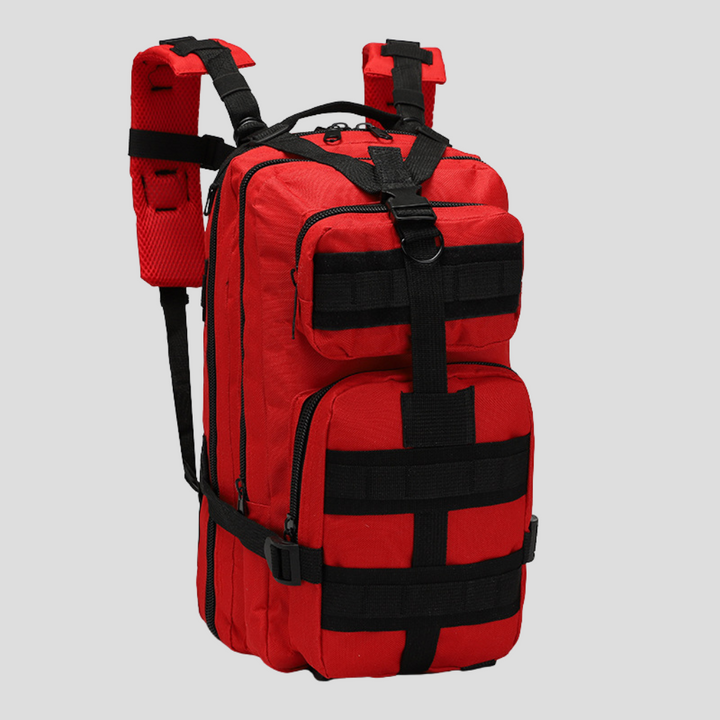 Red travel tactical backpack with MOLLE webbing, a durable rucksack for daily carry or adventure travel.