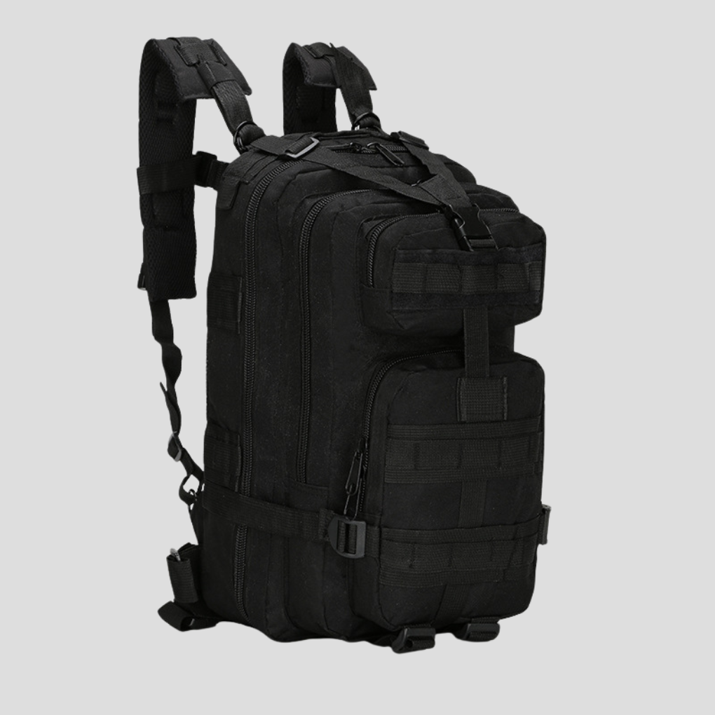 Black tactical daypack with MOLLE webbing, a versatile utility bag for hiking, daily carry, or outdoor gear.