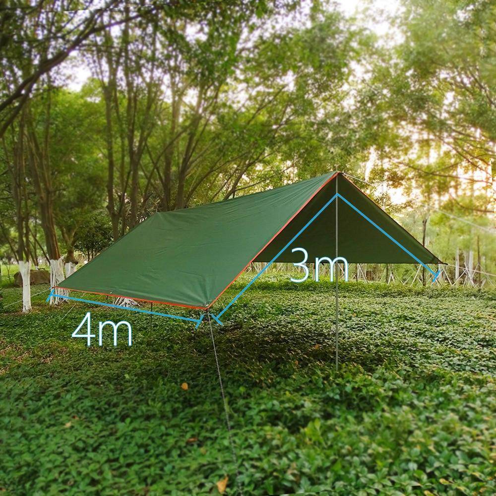 Green waterproof camping tarp tent shade, ideal for outdoor sun protection and shelter.
