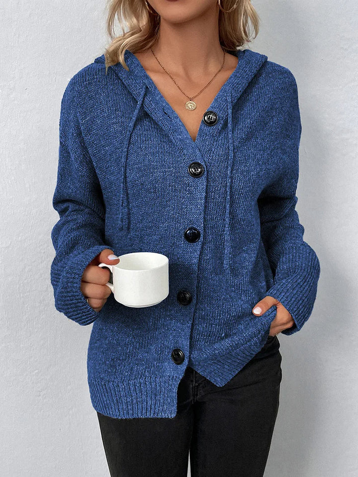 Grey women's comfy hooded cardigan, relaxed fit, ideal for travel & casual wear.