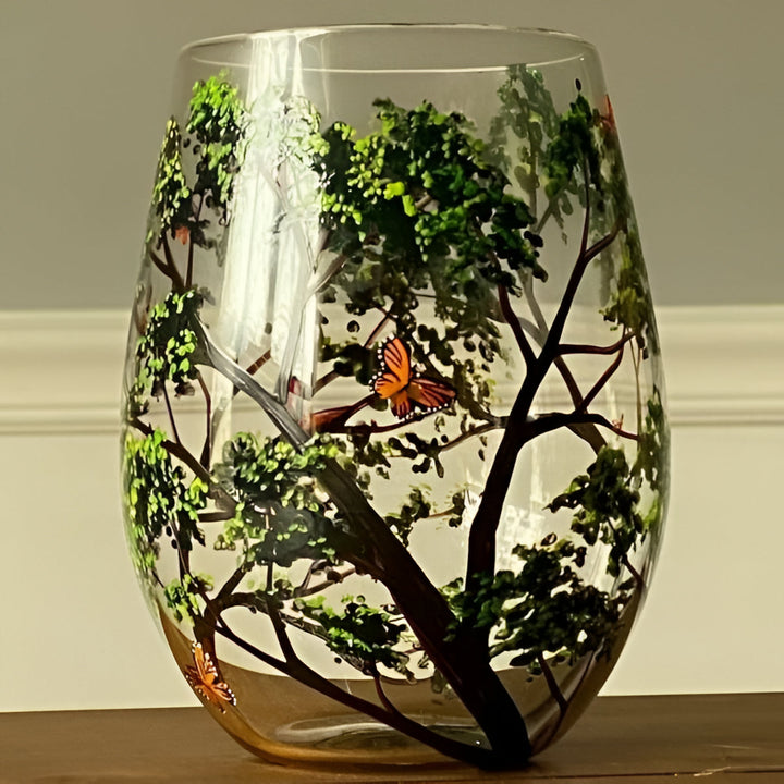 Unique hand painted four seasons wine glasses, perfect artistic gift & seasonal decor.
