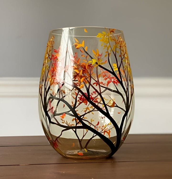 Stemless hand painted four seasons wine glasses, beautiful art for wine lovers & home decor.