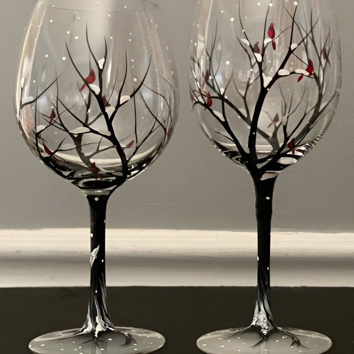 Artistic hand painted four seasons wine glasses, elegant seasonal decor and unique gift idea.