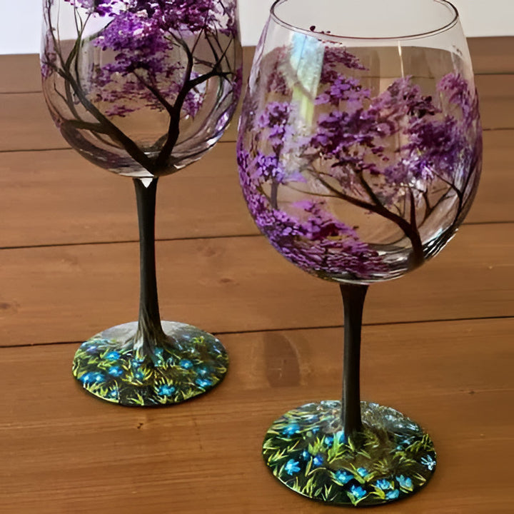 Set of 4 hand painted four seasons wine glasses, unique artistic gift & collectible glassware.