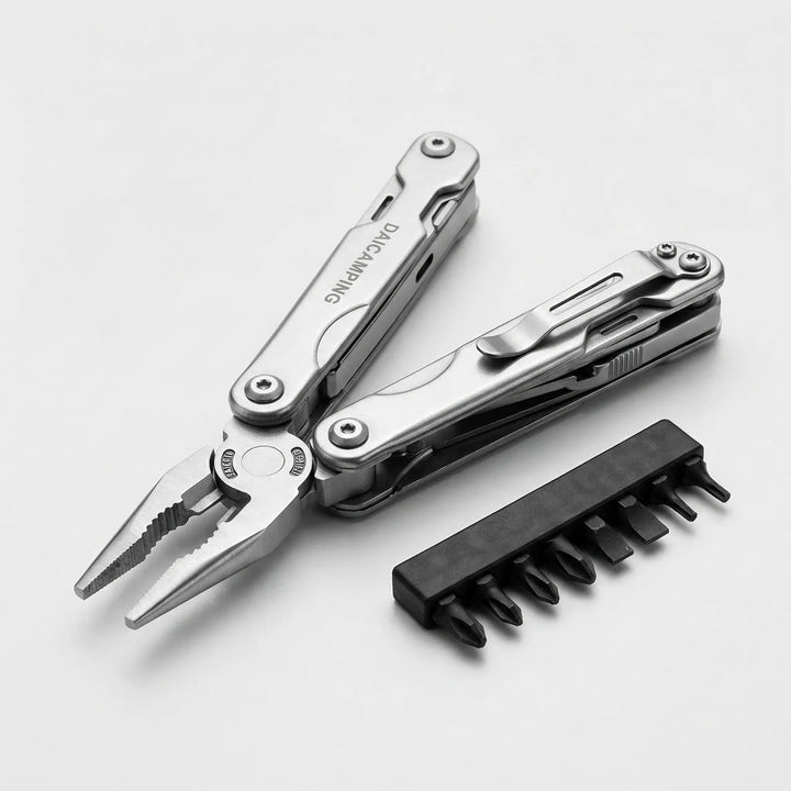 Compact multi-tool, essential for camping, hiking, survival gear. Includes pliers & screwdriver bits for field repairs.