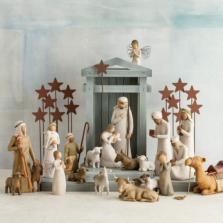 Handmade barn wood nativity set, 20-piece creche display, perfect for Christmas religious home decor.