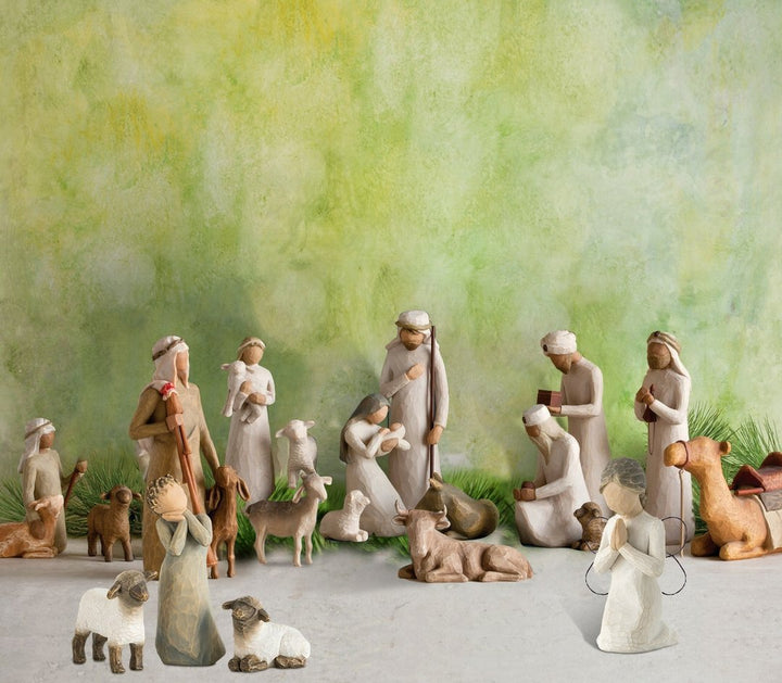20-piece handmade barn wood nativity set, ideal religious Christmas creche for elegant home decor.