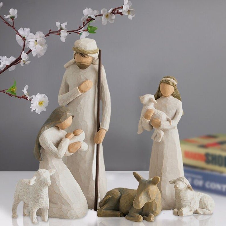 Unique barn wood 20-piece nativity set, handcrafted holiday decor and Christian spiritual display.