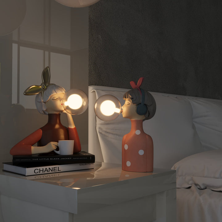 Handmade CraftGlow artistic table lamp with a unique resin glass shade from a side view.