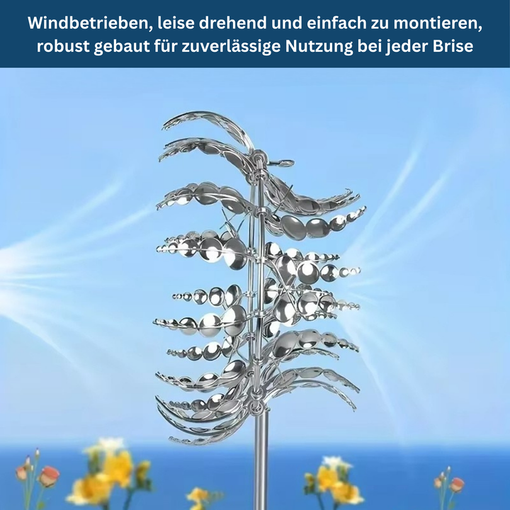 Close-up of a handmade wooden garden windmill, natural finish, weather-resistant yard art