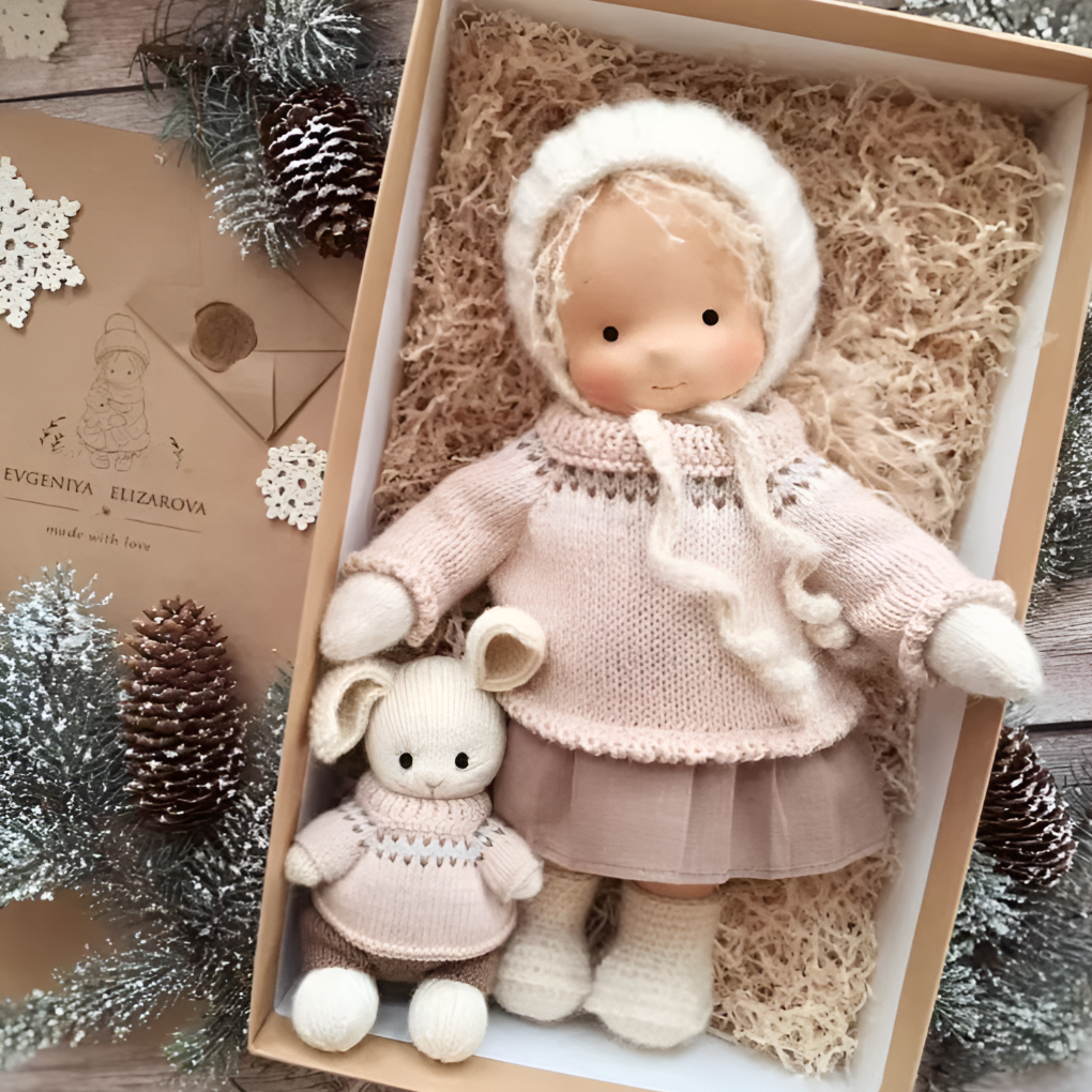 Soft natural Waldorf doll, a handmade cloth toy for children's imaginative play.